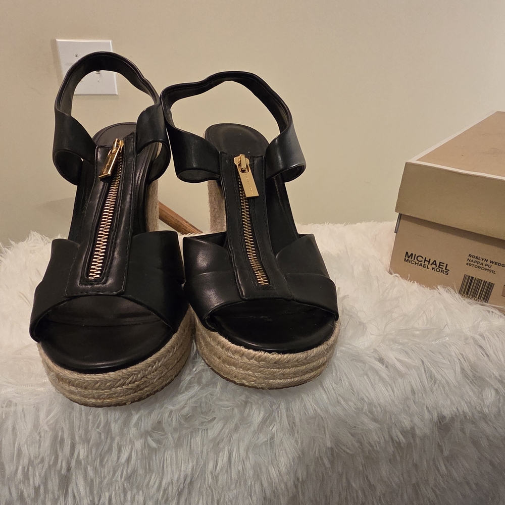 Michael Kors Roslyn Wedge Black Leather Espadrille Sandals with Gold Zip Pull